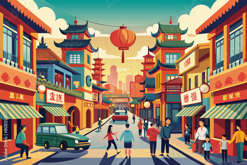 Illustration of a vibrant street scene in a Chinatown, featuring traditional Chinese architecture, people walking, cars, and a large red lantern hanging across the street under a clear sky.