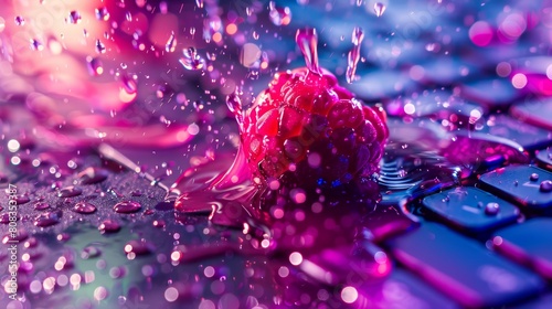 Close-up of a vibrant, berry-colored smoothie splashed across a computer keyboard, droplets and keys glistening under a bright light