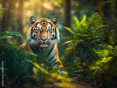 Tiger liegt auf dem Boden zwischen Pflanzen vor Dschungelhintergrund, schaut in die Kamera