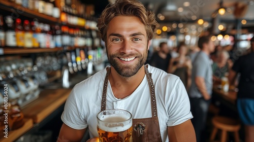 Craft beer and customer service. Smiling handsome barman in apron looks at camera and gives glass of light drink in interior of pub