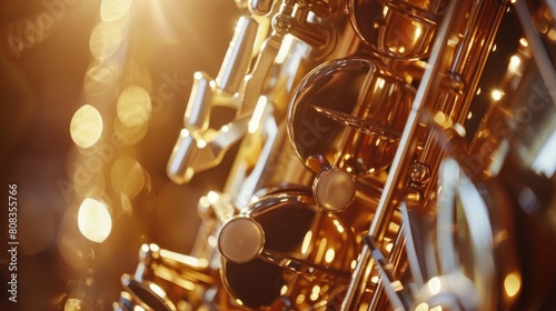 Close-up of the bell and keys of an alto saxophone.