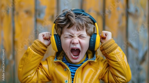 Boy Shouting With Ear Defenders.