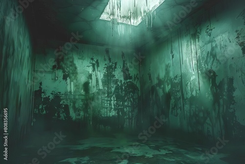 eerie damp cellar with ominous mold and dripping ceiling unsettling horror concept illustration