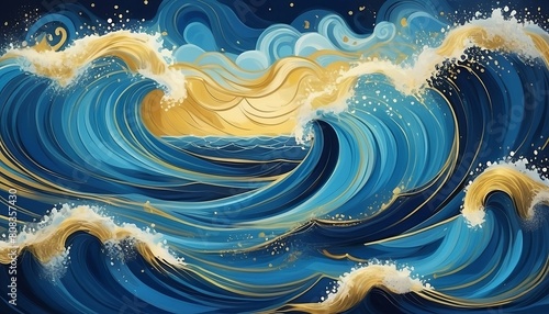 Magical fairytale ocean waves art painting. Unique blue and gold wavy swirls of magic water. Fairytale navy and yellow sea waves. Children’s book waves, kids nursery cartoon illustration generative ai