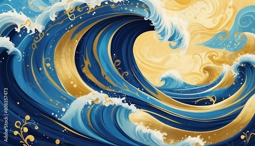 Magical fairytale ocean waves art painting. Unique blue and gold wavy swirls of magic water. Fairytale navy and yellow sea waves. Children’s book waves, kids nursery cartoon illustration generative ai