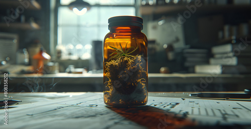 A jar of plants sits on a table in a kitchen