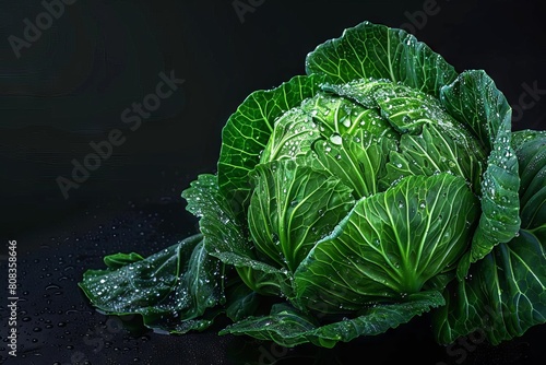 fresh green cabbage with water drops isolated on black closeup food photography