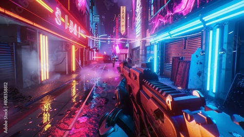 3D shooting game with neon lights in high resolution and high quality. game concept, 3d, shooting, weapons, neon, gaming, 2d, console, pc
