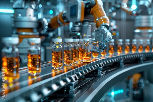 futuristic pharmaceutical manufacturing robotic arms handling vials on conveyor belt 3d illustration