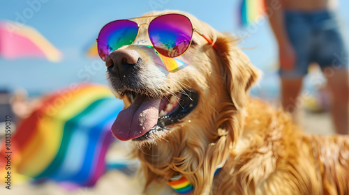 Happy golden retriever Labrador dog wearing mirrored multicoloured sunglasses on the beach during summer vacation. Pride month celebration with pets rainbow flags