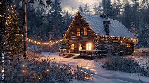 log cabin with shining windows and Christmas lights in wintry landscape. The scene was rendered with photorealistic shaders and lighting