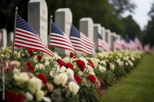 American Memorial Day, a row of American flags and flowers are placed in a cemetery with a row of headstones in the background