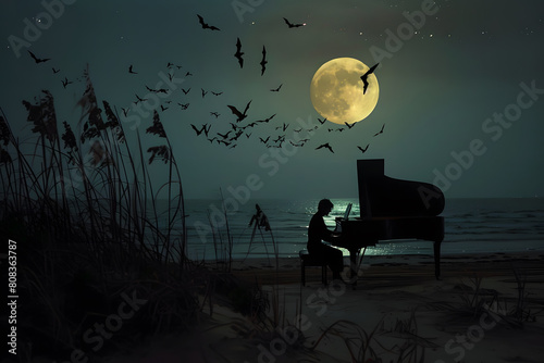 Man plays the grand piano at night at beach with bats flying over the moon
