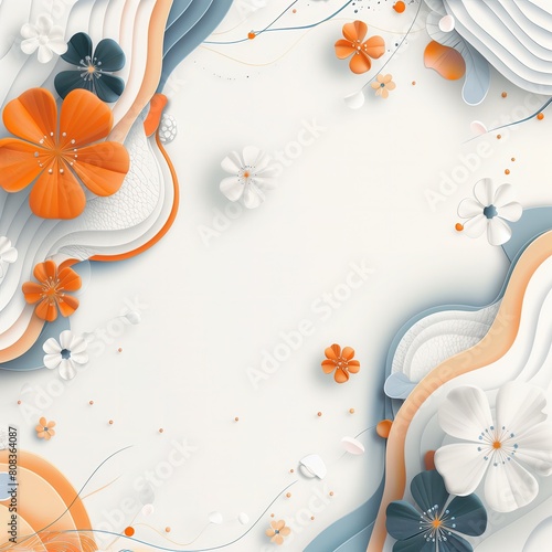 Tło przedstawiające białe i pomarańczowe kwiaty na jasnym tle. W centralnej części można zobaczyć różnorodne kwiaty w różnych kształtach i odcieniach