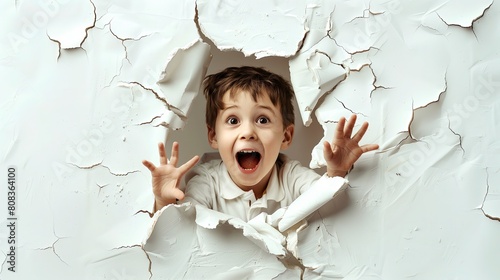 Młody chłopiec, odziany w karlito, robiący minę przez dziurę w ścianie w białym tle z okazji Dnia Dziecka