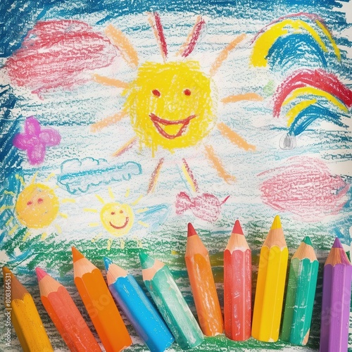 W grupie kolorowych ołówków, widzimy zarówno różnorodne kolory ołówków, jak i rysunek słońca stworzony przez dzieci