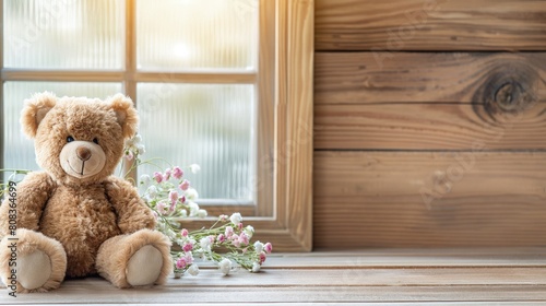 Brązowy miś pluszowy siedzi obok okna w pokoju dziecięcym. Miś ma brązowe futro i miękkie oczy, a za oknem widać delikatne światło słoneczne