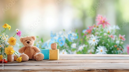 Pluszowy miś siedzi na drewnianym stole obok kolorowego wazonu z pięknymi kwiatami. Obrazek idealny dla dzieci w Dniu Dziecka