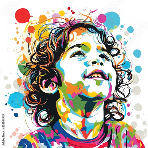 Na obrazie widoczny jest portret dziecka z kolorowymi plamami farby rozmazanymi po twarzy. Malunek wykonany jest w stylu pop-art, na białym tle