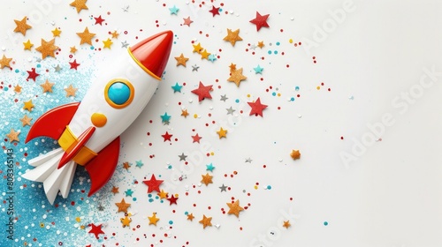 Na białym tle widać papierową rakietę otoczoną gwiazdami, symbolizującą dziecięcą zabawę w wyprawy kosmiczne w dniu dzieci