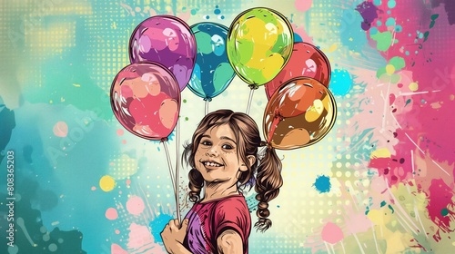 Dziewczynka trzyma w rękach kolorowe balony na tle białego tła. Jest uśmiechnięta i wygląda na zadowoloną z prezentu