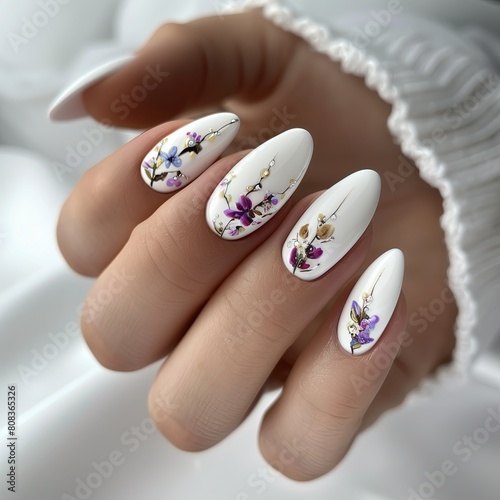 Dłoń kobiety ozdobiona białymi i fioletowymi kwiatami, w tle delikatne jasne tło. Obrazuje elegancję i subtelność