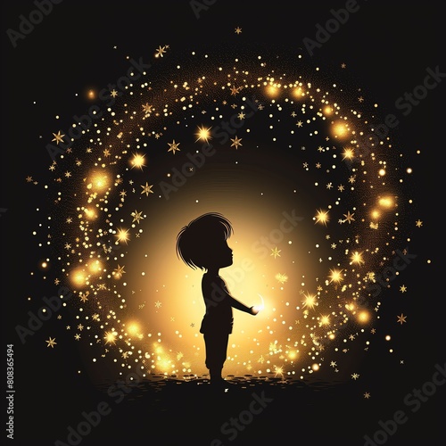Mała dziewczynka stoi przed kołem wypełnionym gwiazdami na białym tle w Dzień Dziecka. Trzyma w rękach sztukę w formie skali