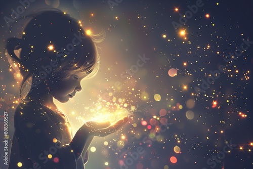 Mała dziewczynka na białym tle trzyma w dłoniach świetlistą latarkę, otoczona błyszczącymi drobinkami podczas Dnia Dziecka