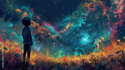 Obraz przedstawia chłopca, który patrzy na gwiazdy na niebie. Jego spojrzenie jest skierowane w górę, a w tle widać nocne niebo pełne gwiazd