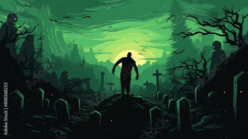 A creepy, dark and eerie scene of a man walking through a graveyard