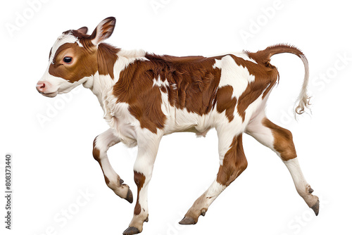 A cute brown and white calf is walking.