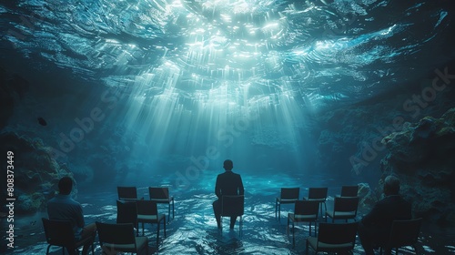Public speaking at an underwater conference, innovative communication in a surreal marine environment