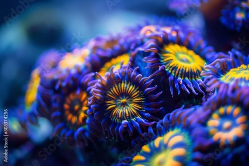 vibrant zoanthids coral in mesmerizing reef aquarium tank macro underwater photography