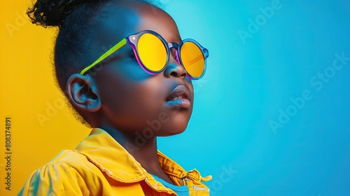 Mała dziewczynka ubrana w żółtą koszulkę i okulary przeciwsłoneczne, stoi na tle białego tła
