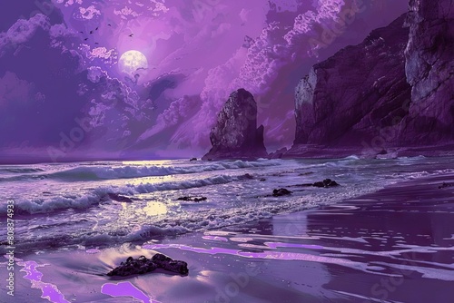 purple skies over rocky island beach surreal landscape illustration digital art