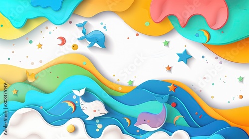 Wycinanka z papieru przedstawiająca kolorowego wieloryba i gwiazdy na tle białego kartonu. Idealna dla dzieci w Dniu Dziecka