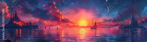 Bring to life a whimsical scene of floating cities in a utopian ocean setting through a low-angle perspective, showcasing vibrant sailboats and submarines illuminated with pixel art lighting effects
