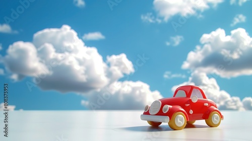 Czerwony samochód zabawkowy stoi na białym stole. Obrazek przedstawia scenę z Dnia Dziecka. Perspektywa z punktu widzenia dziecka