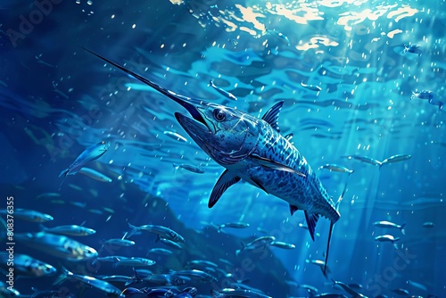 underwater view of swordfish hunting sardine school dramatic marine life scene digital illustration