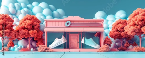A playful cartoon store icon with a shoeshaped building and a sneaker as the store sign