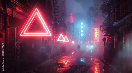 Triangle-shaped neon signs in a foggy cityscape, guiding lost travelers with their geometric luminescence
