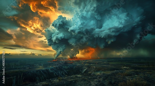 Tropical storm viewed from a cobalt mine, intense natural forces clashing with industrial might
