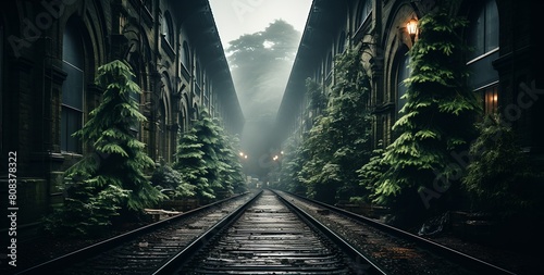 a train track going through a tunnel with trees on both sides of it and a light on the end..