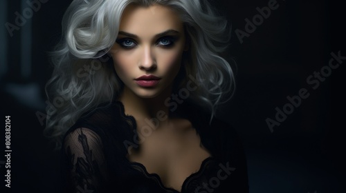 Striking portrait of a woman with dramatic makeup and hair