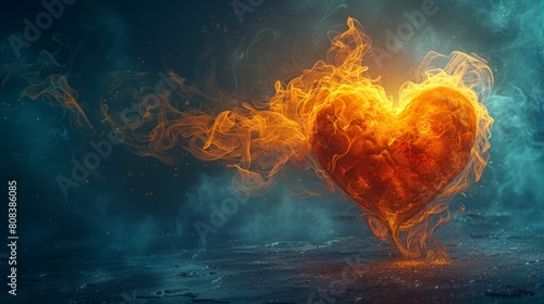 Fiery heart burning intensely with blue and orange flames