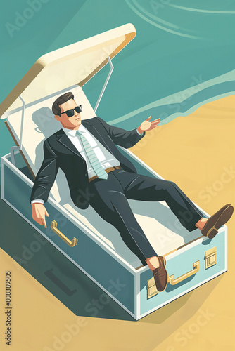 an executive gesticulates and communicates from the comfort and tranquility of a lounger on the beach