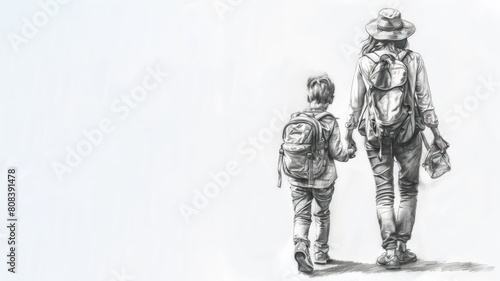 Pencil sketch of A mother with her preschooler going to school