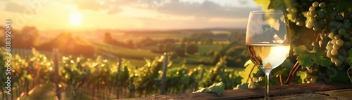 Glass of white wine on a table overlooking a vineyard at sunset