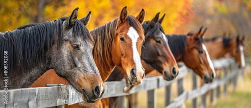 Line of horses at a fence autumn backdrop