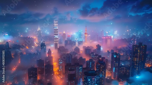 Capture a striking frontal view of a cityscape under a mesmerizing night sky time-lapse Highlight glowing skyscrapers and twinkling stars Show seamless transition from dusk to dawn